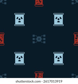 Set Cryogenic capsules, Neural network and Radioactive waste in barrel on seamless pattern. Vector
