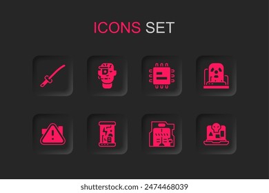 Set Cryogenic capsules, Smart glasses on spectacles, Katana, Futuristic sliding doors, Radioactive warning lamp, Internet piracy, Processor CPU and Exclamation mark triangle icon. Vector