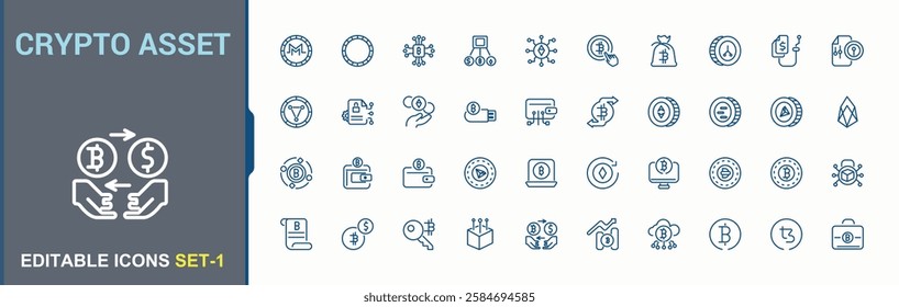 Set of Crypto Asset line icons. Related to analyzing, banking, money and more. Icon design. Vector illustration.