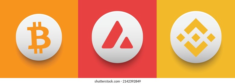 Set of crypto coin symbols. Block chain based cryptocurrency logo vector illustration collection. Bitcoin BTC, Avalanche AVAX, and Binance Coin BNB template