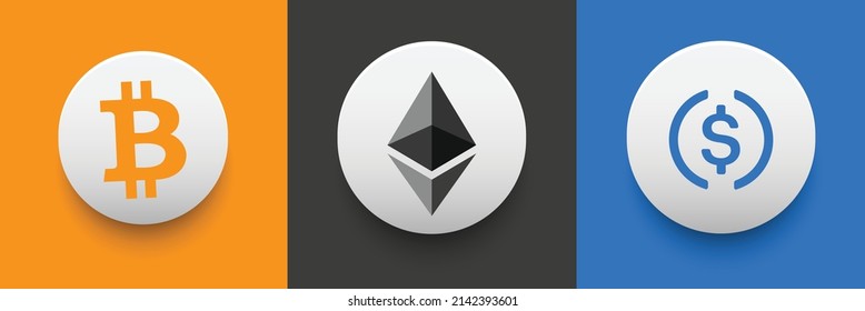 Set of crypto coin symbols. Block chain based cryptocurrency logo vector illustration collection. Bitcoin BTC, Ethereum ETC, and USD Coin USDC template