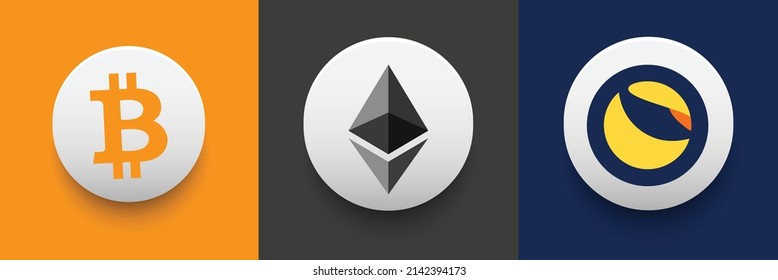 Set of crypto coin symbols. Block chain based cryptocurrency logo vector illustration collection. Bitcoin BTC, Ethereum ETC, and Terra LUNA template