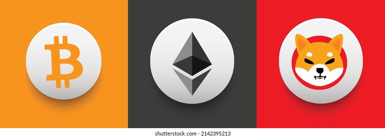 Set of crypto coin symbols. Block chain based cryptocurrency logo vector illustration collection. Bitcoin BTC, Ethereum ETC, and Shiba Inu SHIB template