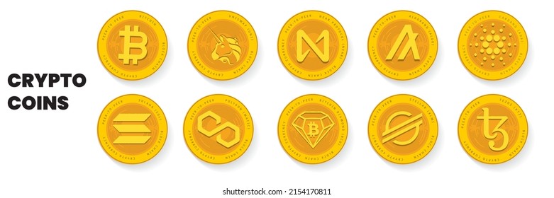 Set of Crypto coins logo and symbol of  Bitcoin, Uniswap, Near Protocol, Algorand, Cardano, Solana, Polygon, Stellar, Bitcoin Diamond and Tezos