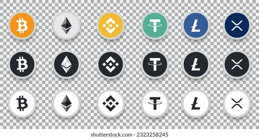 Set of crypto currency coin logo and symbols vector illustration template isolated on transparent background