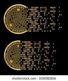 Set of crypto currency golden coins with black lackered iota symbol on obverse isolated on black background. Vector illustration. Use for logos, print products, page and web decor or other design.