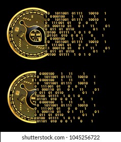 Set of crypto currency golden coins with black lackered siacoin symbol on obverse isolated on black background. Vector illustration. Use for logos, print products, page and web decor or other design.