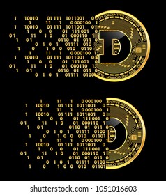 Set of crypto currency golden coins with black lackered dogecoin symbol on obverse isolated on black background. Vector illustration. Use for logos, print products, page and web decor or other design.