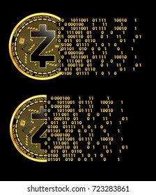 Set of crypto currency golden coins with black lackered zcash symbol on obverse isolated on black background. Vector illustration. Use for logos, print products, page and web decor or other design.