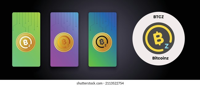 Conjunto de logotipo de moneda criptográfica Bitcoinz BTCZ sobre el concepto de tarjeta gradiente con monedas doradas, logotipo de criptografía en color, dorado y en blanco y negro. cripto, moneda, NFT, DeFi, logotipo de tokens.