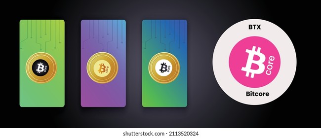 Set of crypto currency logo Bitcore (BTX) on gradient card concept with golden coins, Showcasing crypto logo in color, golden and black and white formats. crypto, currency, NFT, DeFi, tokens for web.