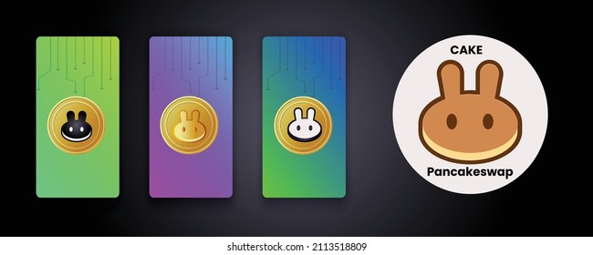 Set of crypto currency logo CAKE PancakeSwap on gradient card concept with golden coins, Showcasing crypto logo in color, golden and black and white formats. crypto, currency, NFT, DeFi, token logo.