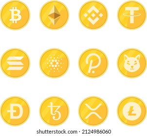 Set of Crypto currency logo coin. Digital or virtual currency for icon, web, security, trading online. Gold Crypto flat style cartoon vector illustration  isolated on white background