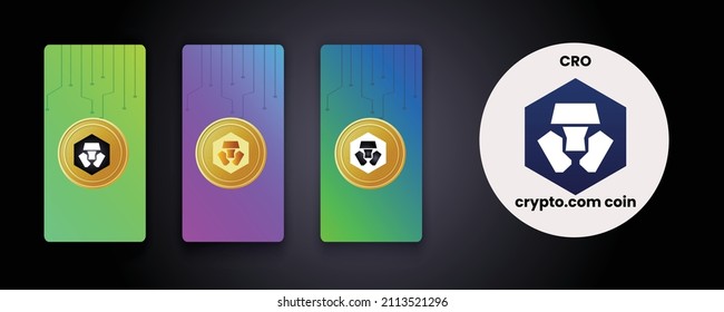 Set of crypto currency logo Crypto.com (CRO ) on gradient card concept with golden coins, Showcasing crypto logo in color, golden and black and white formats. crypto, currency, NFT, DeFi, tokens logo.