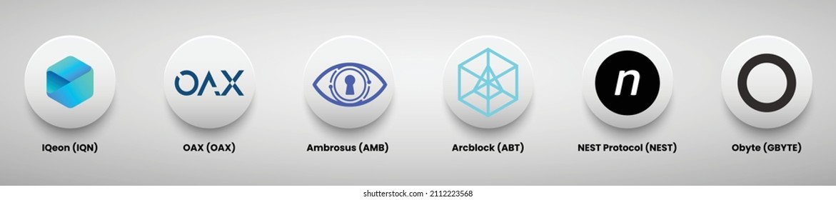 A set of crypto currency logo designs vector illustration template. Iqeon, OAX, Ambrosus, Arcblock, Nest Protocol, and Obyte crypto logos.