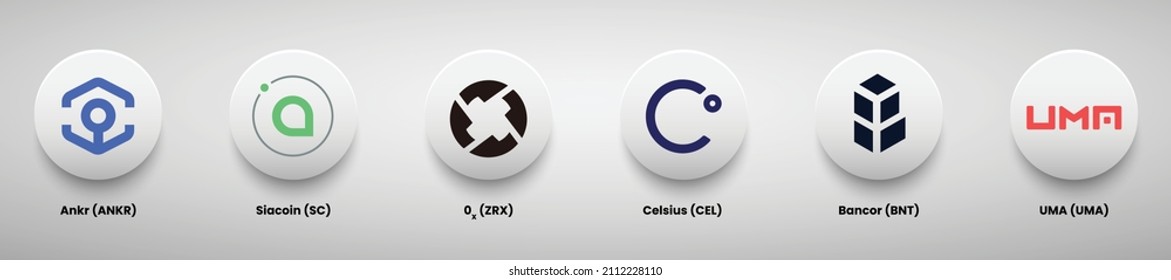 A set of crypto currency logo designs vector illustration template. Ankr, Siacoin, 0x, Celsius, bancor and Uma crypto logos. 