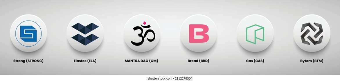 Un conjunto de diseños de logotipo de moneda criptográfica diseña una plantilla de ilustración vectorial. Sólidos, logotipos Elastos, Mantra Dao, Bread, Gas y Bytom cripto.