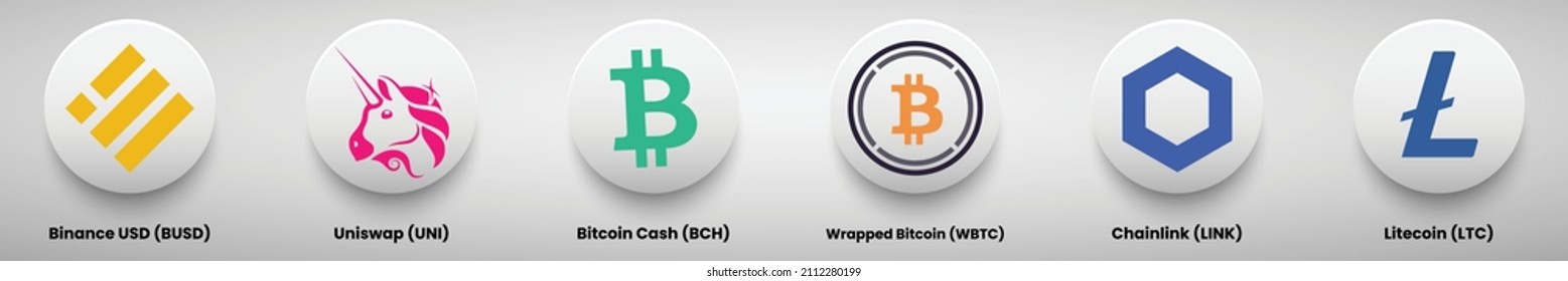 A set of crypto currency logo designs vector illustration template. Binance USD, Uniswap, Bitcoin Cash, Wrapped Bitcoin, Chainlink and Litecoin crypto logos. 