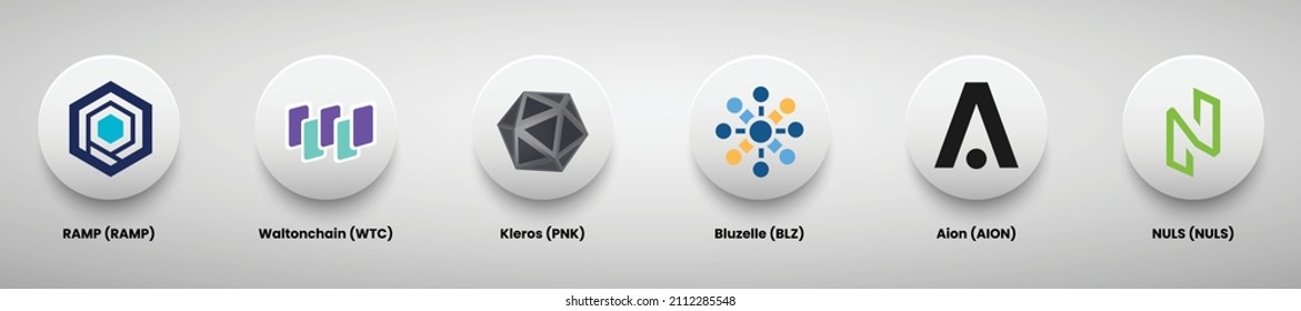 A set of crypto currency logo designs vector illustration template. Ramp, Waltonchain, Kleros, Bluzelle, Aion and Nuls crypto logos. 