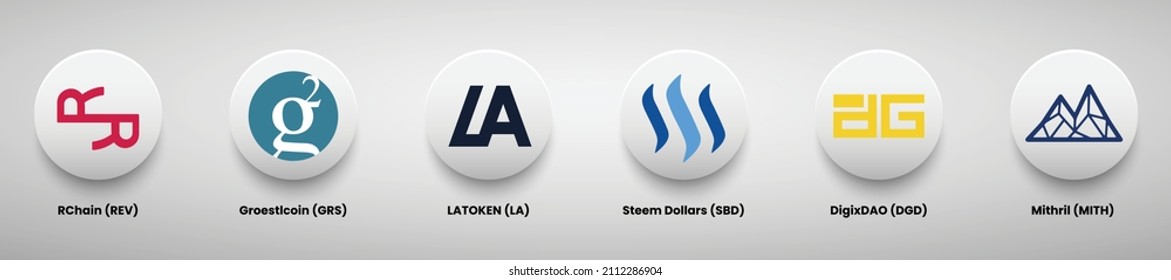 Ein Satz von crypto Currency Logo entwirft Vektorgrafik-Vorlage. Logos von Rchain, Groestlcoin, Latoken, Steem Dollars, Digixdao und Mithril crypto. 