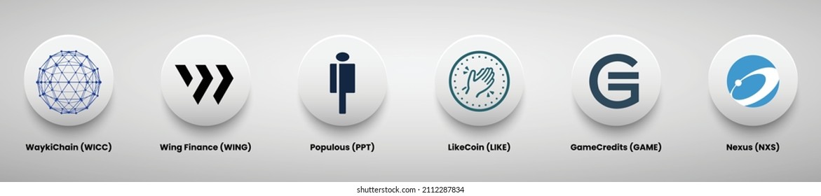 A set of crypto currency logo designs vector illustration template. Waykichain, Wing Finance, Populous, Likecoin, Gamecredits, and Nexus crypto logos