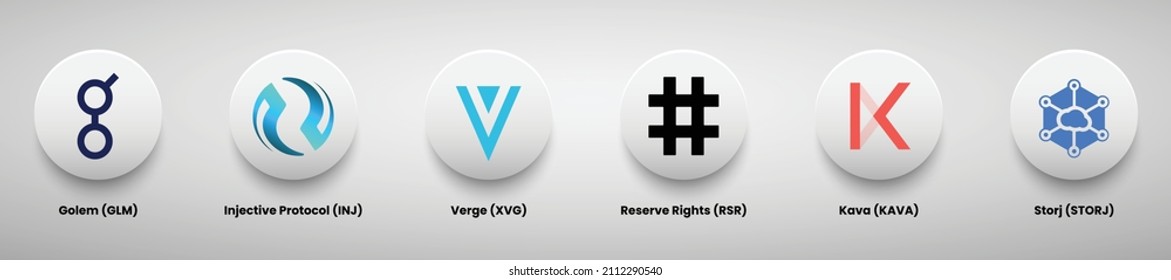 A set of crypto currency logo designs vector illustration template. Golem, Injective Protocol, Verge, Reserve rights, Kava and Storj crypto logos. 