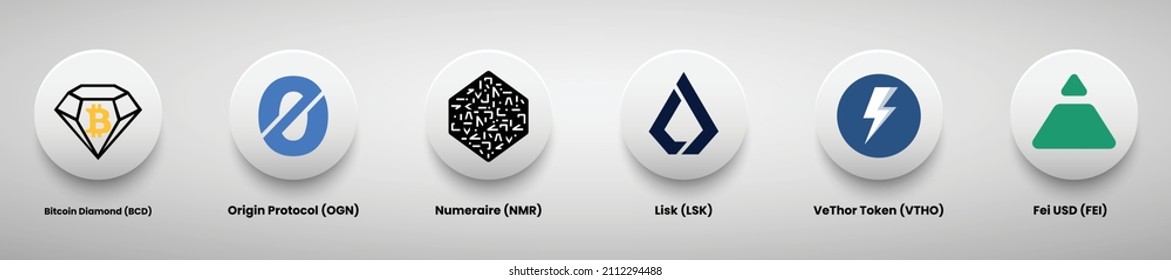 A set of crypto currency logo designs vector illustration template. Bitcoin Diamond, Origin Protocol, Numeraire, Lisk, Vethor token and Fei USD crypto logos