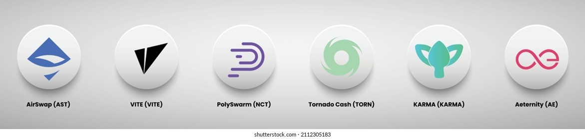 A set of crypto currency logo designs vector illustration template. Airswap, Vite, Polyswarm, Tornado Cash, Karma and Aeternity crypto logos