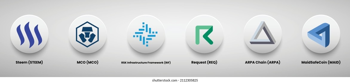 A set of crypto currency logo designs vector illustration template. Steem, MCO, RSK Infrastructure framework, Request, Arpa Chain and MaidsafeCoin crypto logos