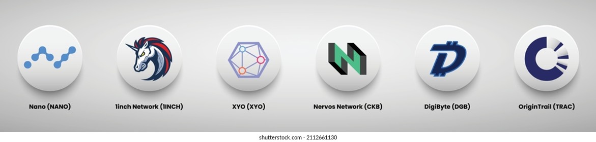 A set of crypto currency logo designs vector illustration template. Nano, 1inch Network, Xyo, Nervos Network, Digibyte, and Origintrail crypto logos.  svg