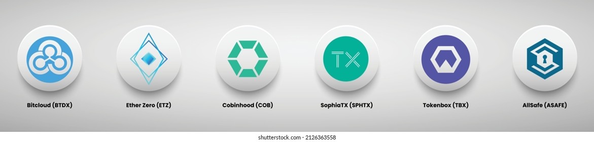 Set of crypto currency logo designs vector illustration template. Bitcloud BTDX,  Ether Zero ETZ, Cobinhood COB,  SophiaTX SPHTX, Tokenbox TBX, and Allsafe ASAFE crypto logos.