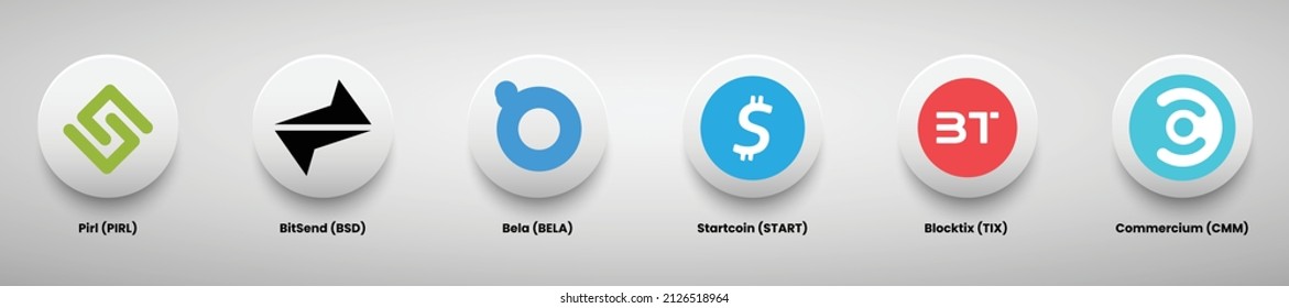 conjunto de diseños de logotipo de moneda cripto diseño de ilustración vectorial. Pirl, Bitsend (BSD), Bela, Startcoin (START), Blocktix (TIX) y los logos criptográficos Commercium (CMM). 