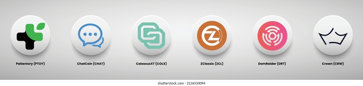 Conjunto de diseños de logotipo de moneda criptográfica diseño de ilustración vectorial. Patentory (PTOY), Chatcoin (CHAT), ColossusXT (COLX), ZClassic (ZCL), DomRaider (DRT) y logotipos de criptografía de la Corona (CRW).