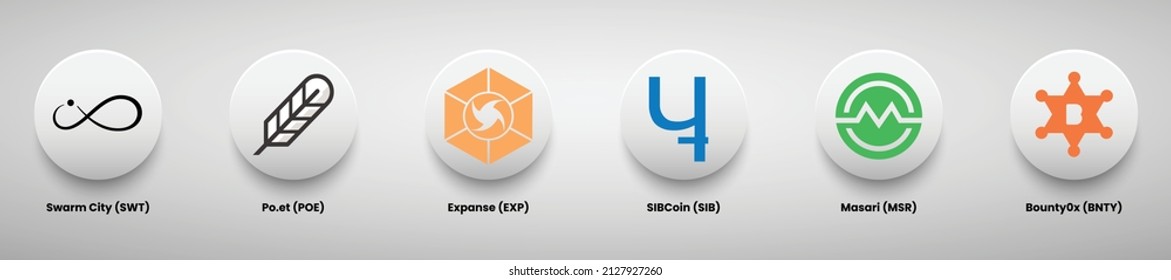 Set of crypto currency logo designs vector illustration template. Swarm City (SWT), Po.et (POE), Expanse (EXP), SIB Coin (SIB), Masari (MSR) and Bounty0X (BNT) crypto logos.