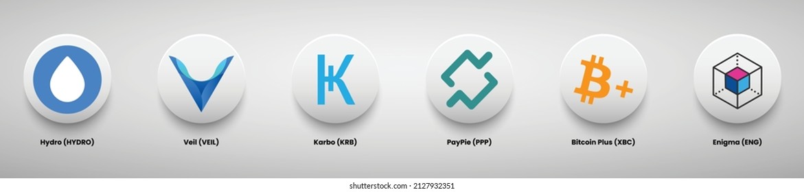 Set of crypto currency logo designs vector illustration template. Hydro, Veil, Karbo, PayPie (PPP), Bitcoin Plus (xbc), and Enigma (ENG) crypto logos. 