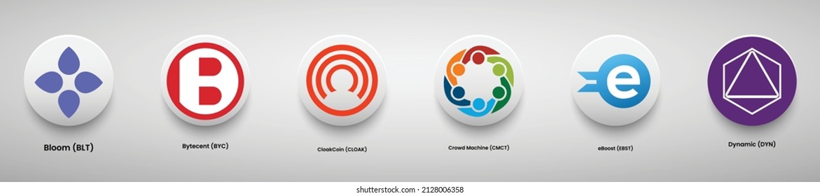 Set of crypto currency logo designs vector illustration template. Bloom (BLT), Bytecent (BYC), CloakCoin (CLOAK), Crowd Machine (CMCT), eBoost (EBST) and Dynamic (DYN) crypto logos.