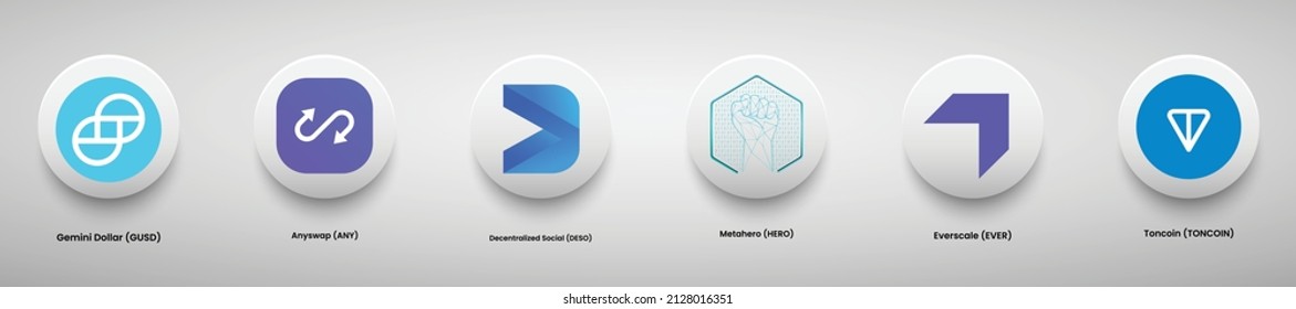 Set of crypto currency logo designs vector illustration template. Gemini Dollar (GUSD), Anyswap (ANY), Decentralized Social (DESO), Metahero (HERO), Everscale (EVER) and Toncoin   crypto logos. svg