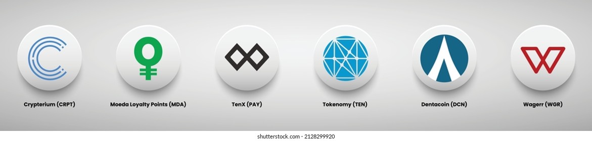 Set of crypto currency logo designs vector illustration template. Moeda Loyalty Points (MDA), TenX (PAY), Tokenomy (TEN), Dentacoin (TEN) and Wager (WGR) crypto logos.