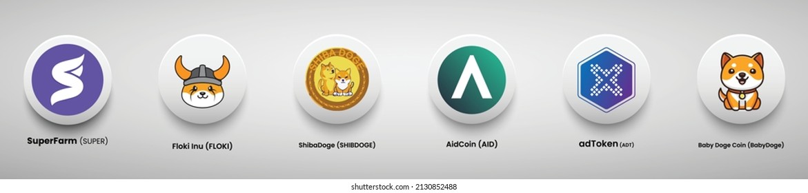 Conjunto de diseños de logotipo de moneda criptográfica diseño de ilustración vectorial. Superfarm (SUPER), Floki Inu (FLOKI), ShibaDoge (SHIBDOGE), AidCoin (AID), adToken (ADT), Baby Doge Coin (BABYDOGE). 