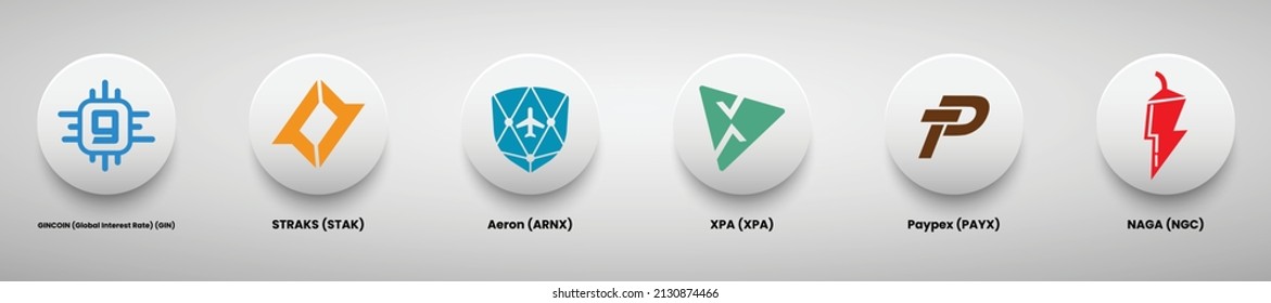 Set of crypto currency logo designs vector illustration template. GinCoin (GIN), Straks (STAK), Aeron (ARNX), Xpa (XPA), Paypex (PAYX) and Naga (NGC) crypto logos. 