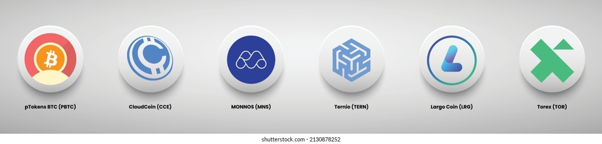 Conjunto de diseños de logotipo de moneda criptográfica diseño de ilustración vectorial. pTokens BTC (PBTC), CloudCoin (CCE), Monnos (MNS), Ternio (TERN), Largo Coin (LRG) y Torex (TOR) logos de criptografía. 