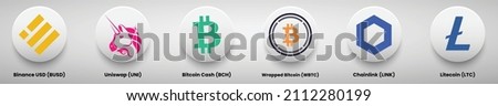 A set of crypto currency logo designs vector illustration template. Binance USD, Uniswap, Bitcoin Cash, Wrapped Bitcoin, Chainlink and Litecoin crypto logos. 