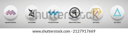 Set of crypto currency logo designs vector illustration template. Mysterium (MYST), Hord, Yoyow, Aidos Kuneen (ADK), Asch (XAS), and Salt crypto logos. 