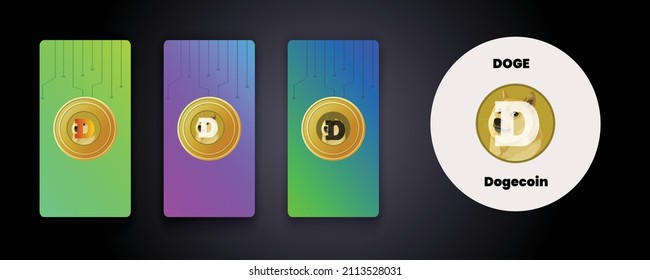 Set of crypto currency logo Dogecoin DOGE on gradient card concept with golden coins showcasing crypto logo in color, golden and black and white formats. used for cryptocurrency logo, symbol, poster