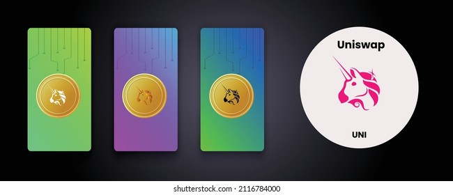 Conjunto de logotipo de moneda cripto Uniswap (UNI) en color, blanco y negro sobre moneda dorada y aislado en fondo blanco en formato de tarjeta. Ilustración vectorial utilizada para logotipos, banner y artículos, imprimir.