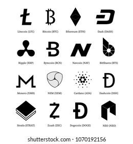 Set of crypto currency vector icons.  Bitcoin, Litecoin, Dash, Zcash, Ethereum, Monero, Ripple, Dashcoin, Stratis, BitShares, NEO, Dogecoin, Bytecoin, Navcoin, NEM, Cardano. Digital currency. 