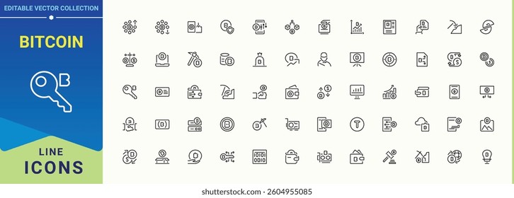 Set of Crypto line icon. Contains related to virtual, wallet, financial and more. Bitcoin simple icon. Outline icons in linear style. Editable vector.