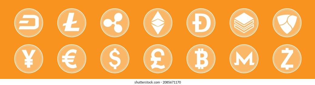 Set Crypto Vector Icon Illustration. Collection of Crypto currency blockchain flat logo isolated on white