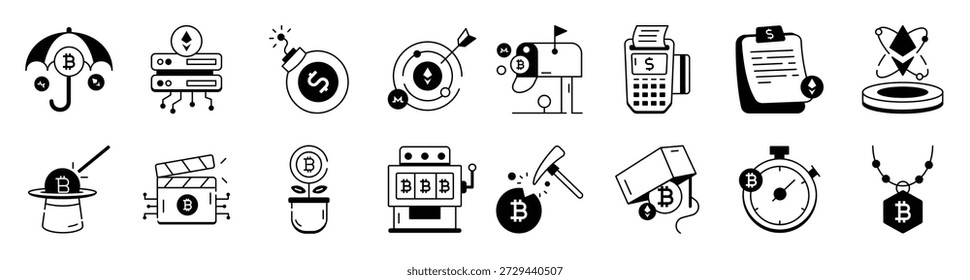 Conjunto de iconos lineales del mundo criptográfico