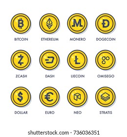 Set of cryptocurrencies coins. Icons of virtual currency: bitcoin, ethereum, monero, litecoin,dash, stratis, zcash, neo, omisego.